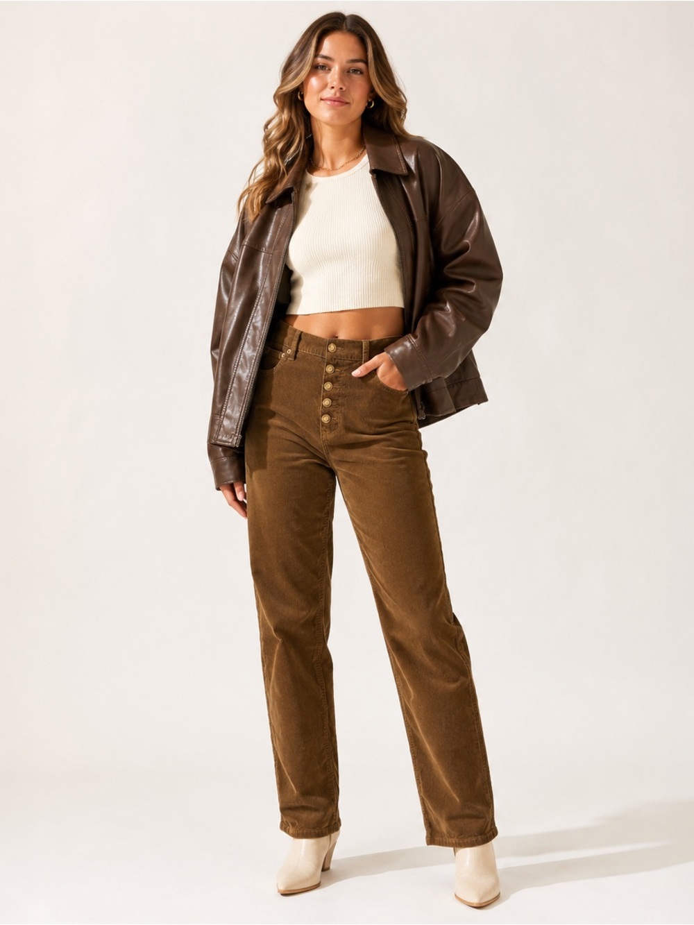 Tory Burch Brown Corduroy High Rise Button Fly Straight Leg Pants
